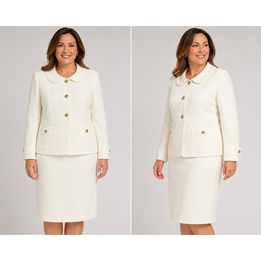 Nipon Boutique Ivory Skirt Suit Set Size 12 Peter Pan Collar‎ Gold Buttons New